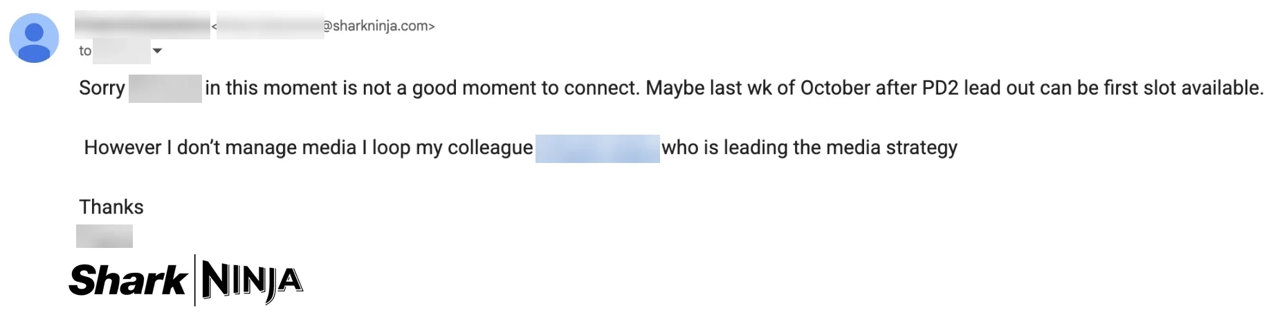Reply from SharkNinja, personal details hidden